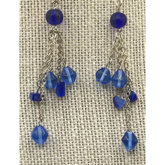 Blue Beaded Earrings Silver Tone Tassels Vintage Dangle - Picture 4 of 6